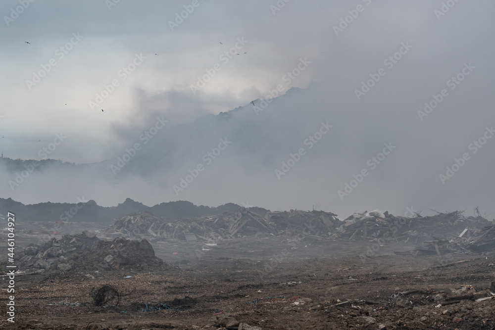 NOVOSIBIRSK, RUSSIA-17 July 2021:Fire at a household waste dump. Environmental pollution. Poisonous substances of dioxins enter the air when they enter the body and lead to gene mutations and tumors