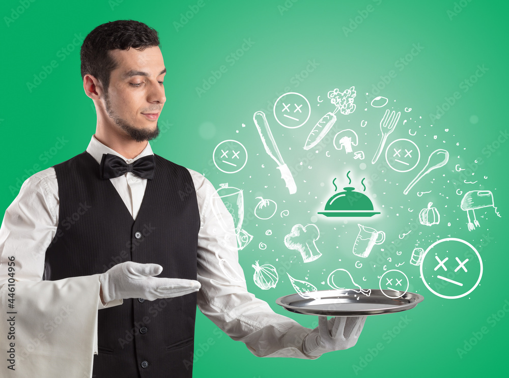 Waiter holding silver tray with food icons above Waiter holding silver tray with food icons above