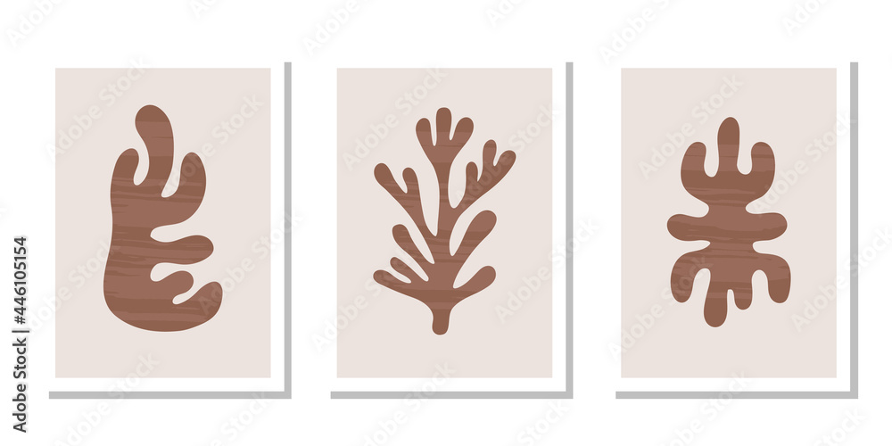 Fototapeta premium Modern set posters with abstract brown organic textured shapes on pastel background. Contemporary minimal wall art decor. Matisse vector prints 