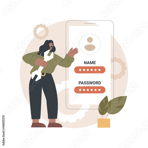 Registration abstract concept vector illustration. Registration page, name and password field, fill in form, menu bar, corporate website, create account, user information abstract metaphor.