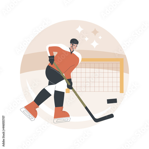 Ice Hockey abstract concept vector illustration. Ice sports equipment, professional hockey club, world championship, team training, watch tournament live, protective uniform abstract metaphor.
