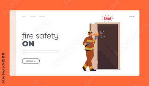 Alert for Office Escape Landing Page Template. Fireman Character with Loudspeaker Announce Fire Emergency Evacuation