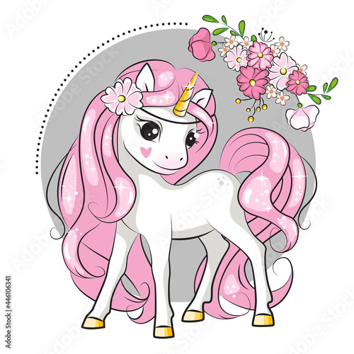 Beautiful illustration of cute little smiling unicorn  with a wreath of flowers on his head .Hand drawn illustration for your design.