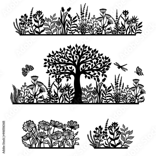 Set of silhouettes of plant themes. Panels with wood, meadow, flowers, herbs, leaves, twigs and insects. Black isolated objects on a white background. Vector template for plotter laser cutting, cnc.