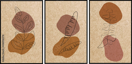 Triptych. Engravings in vintage style. Abstract tropical leaves with paper effect. The contour of a branch and palm leaves is interspersed with ocher tones. Prints for the interior of the living room.