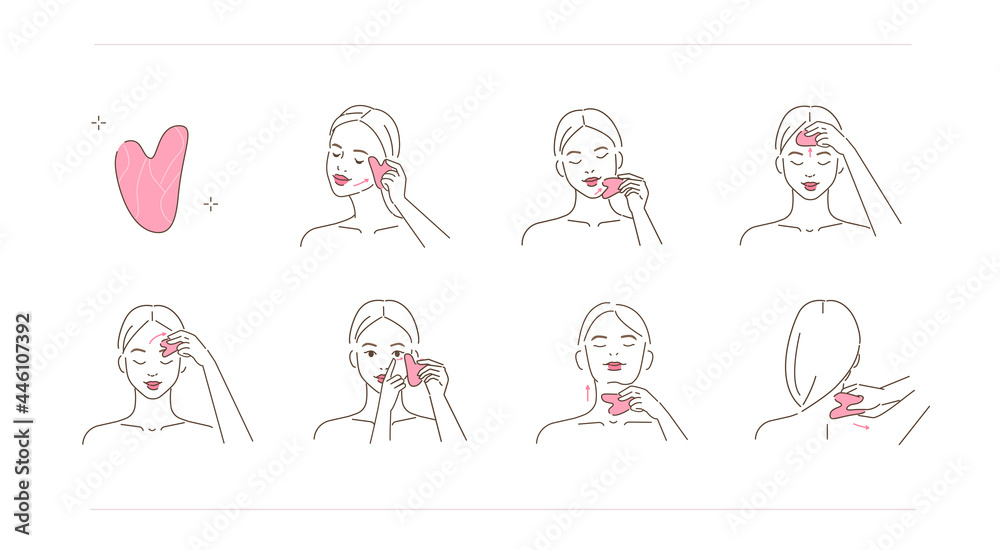 Beauty girl take care of her face and making gua sha lifting massage. Woman using jade stone for skincare procedures. Facial massage and relaxation concept. Flat line vector illustration. Beauty girl take care of her face and making gua sha lifting massage. Woman using jade stone for skincare procedures. Facial massage and relaxation concept. Flat line vector illustration.