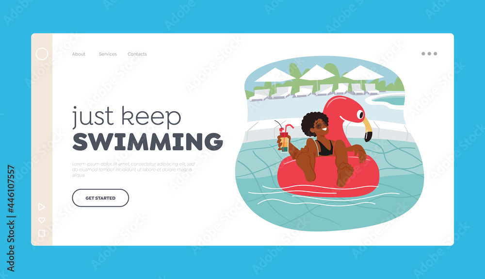 Summertime Leisure, Vacation Landing Page Template. Female Character Relax at Poolside Floating on Inflatable Ring