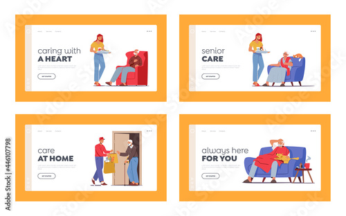 Caregiving Landing Page Template Set. Caregiver Characters Care of Elderly People Bring Food and Medicine. Social Help