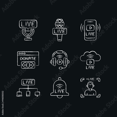 Online broadcast chalk icons set. Live stream. Vector black illustration