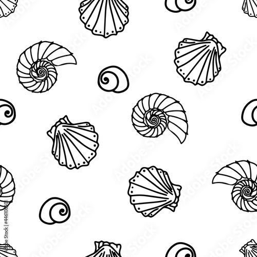 Marine seamless pattern with seashells. Hand drawn doodle style pattern for printing onto fabric and paper. Vector illustration