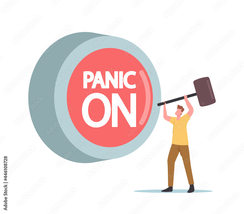 Button Panic Atack Panic Attack Concept. Tiny Male Character with Hammer Hit Huge Red ...