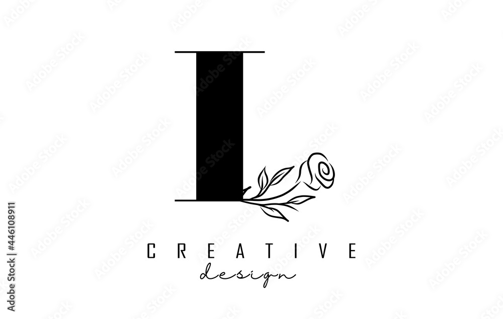 Fototapeta premium L letter logo design with black rose vector illustration.