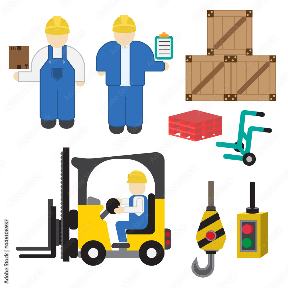 Set of cartoon characters in a flat style. Vector modern creative flat design logistics and factory set forklift, palette and wooden boxes and people. Hook in the factory and Lifting equipment. Set of cartoon characters in a flat style. Vector modern creative flat design logistics and factory set forklift, palette and wooden boxes and people. Hook in the factory and Lifting equipment.