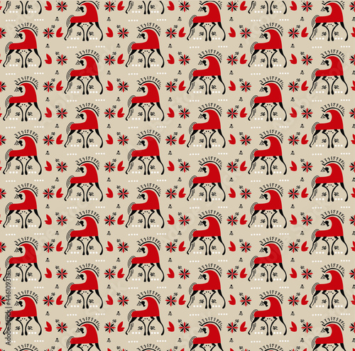 Vector decorative ethnic pattern with a red horse and plants in the northern Russian style