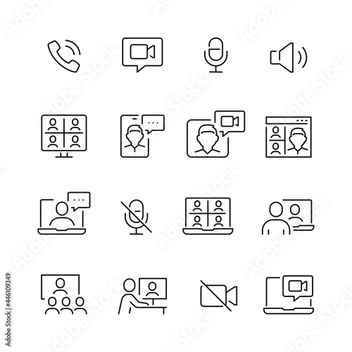 Video conference related icons: thin vector icon set, black and white kit