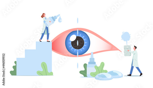 Tiny Doctors Characters Dripping Drops in Huge Human Eye Suffering of DES, Dry Eyes Syndrome and Conjunctivitis Disease