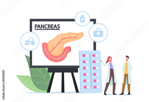 Pancreatitis Treatment Medical Concept. Tiny Doctor Characters in White Medical Robe Look on Huge Pancreas Infographics