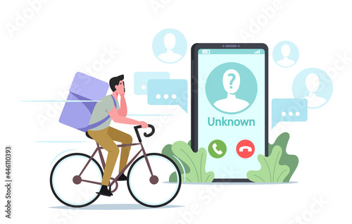 Courier Male Character Delivering Food Call on Client Smartphone from Unknown Number. Cafe or Restaurant Delivery