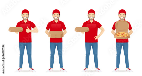 Handsome delivery man in red uniform standing in different poses holding pizza set isolated vector illustration