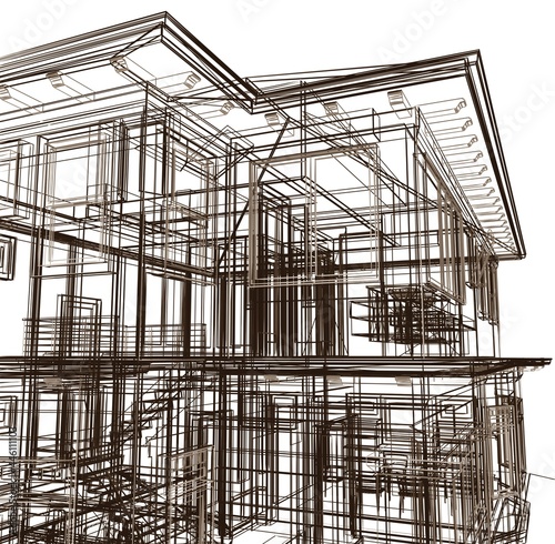 Modern architecture building house sketch. 3d render