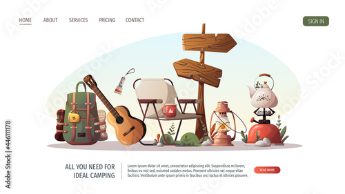 Campsite items with backpack, gas-burner, tourist chair, guidepost, guitar, lamp. Camping, traveling, trip, hiking, camper, nature, journey concept. Vector illustration for poster, banner, website.