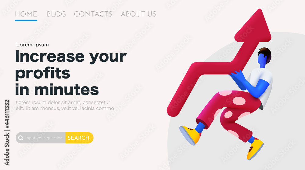 3d cartoon man holding growing arrow. Income or profit increase concept. Landing page template.