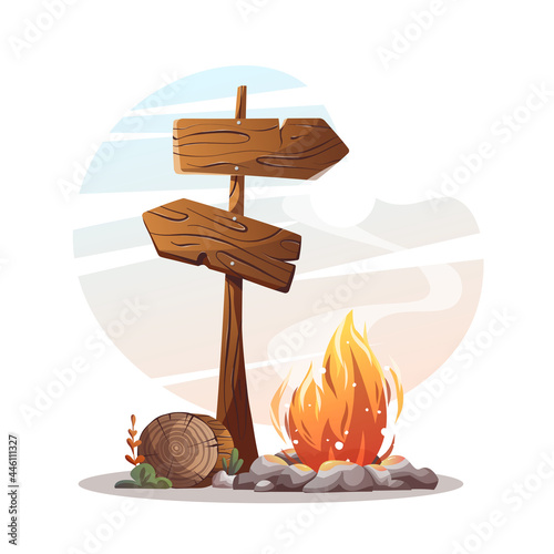 Campsite with campfire, log and guidepost. Camping, traveling, trip, hiking, camper, nature, journey concept. Isolated vector illustration for poster, banner, card, cover.
