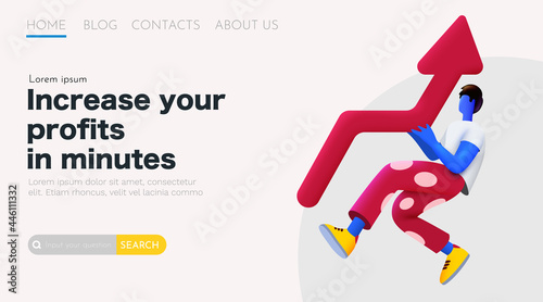 3d cartoon man holding growing arrow. Income or profit increase concept. Landing page template.