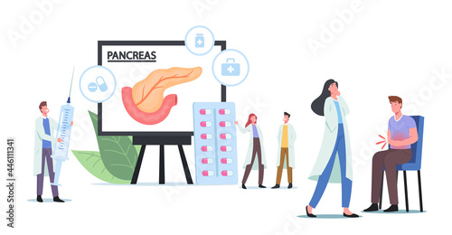 Pancreatitis Medical Diagnosis, Pancreas Disease Symptoms, Doctor Characters Care of Patient with Diseased Pancreas © Sergii Pavlovskyi
