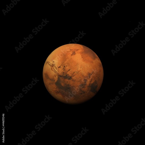 Mars, the red planet, 3d rendering with detailed surface features, with atmosphere, space background, high resolution, natural color