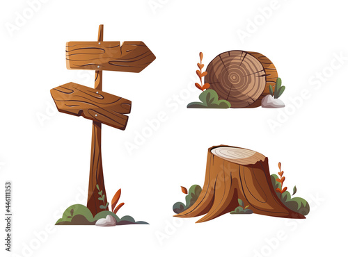 Stump, log and guidepost. Camping, traveling, trip, hiking, camper, nature, journey, campsite elements. Isolated vector illustration.