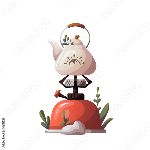 Gas-burner with kettle on the white background. Camping, traveling, trip, hiking, camper, journey, cooking concept. Isolated vector illustration for poster, banner, asvertising, cover, card. photo