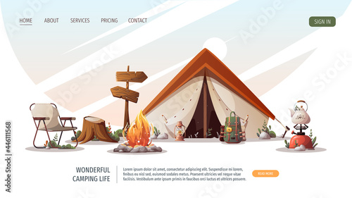 Campsite with tent, campfire, backpack, gas-burner, tourist chair, signpost. Camping, traveling, trip, hiking, camper, nature, journey concept. Vector illustration for poster, banner, website.