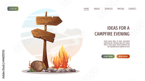 Campsite with campfire, log and guidepost. Camping, traveling, trip, hiking, camper, nature, journey concept. Vector illustration for poster, banner, website.