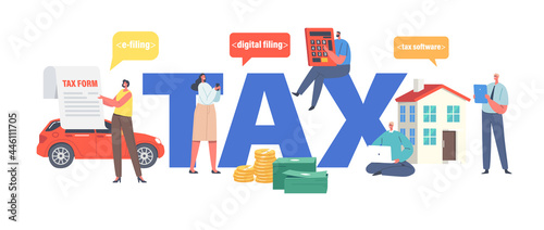 Tax Payment Concept. Characters Filling Application for Tax Form. Taxation for Property Digital Submitting System