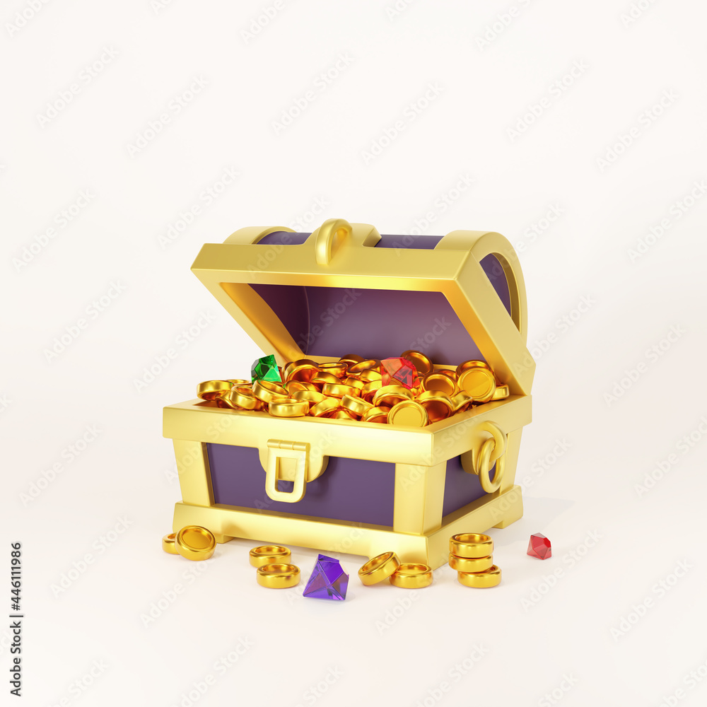Opened treasure chest with coins. 3d render Opened treasure chest with coins. 3d render