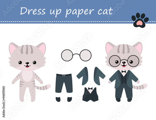 Dress up cute kawaii paper cat. Cartoon flat style. Vector illustration