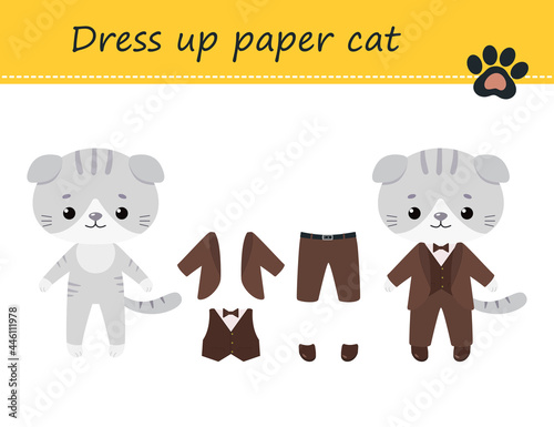 Dress up cute kawaii paper cat. Vector illustration. Cartoon flat style