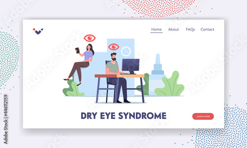 Dry Eyes Syndrome Landing Page Template. Office Worker Characters Suffering of DES, and Conjunctivitis Disease