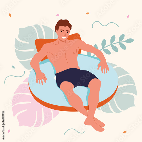 A man in swimming trunks on a swimming ring against the backdrop of the scenery. Vector illustration