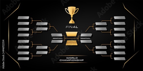 black and gold elegant sport game tournament championship contest stage layout, double elimination bracket board chart vector with champion trophy prize icon illustration background  photo