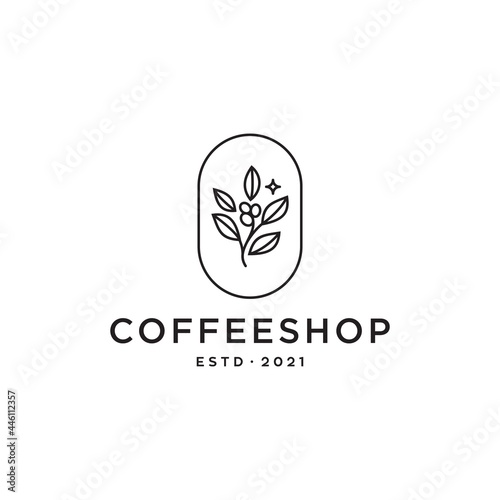 coffee bean logo. coffeeshop plant branch hipster minimal logo vector with leaf simple line outline icon for natural cafe concept.