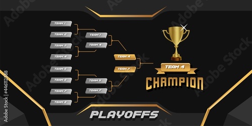 black and gold elegant sport game tournament championship contest stage layout, double elimination bracket board chart vector with champion trophy prize icon illustration background 