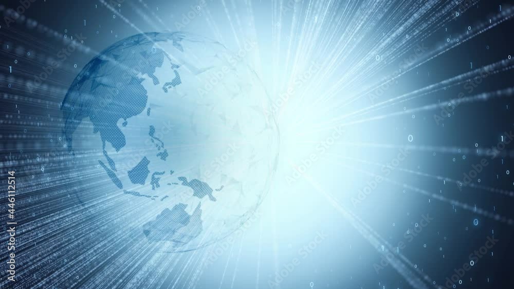 Network data Earth with motion lines, dots and binary numbers. Growing cyberspace on bright blue background. Network data Earth with motion lines, dots and binary numbers. Growing cyberspace on bright blue background.