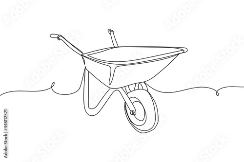 Continuous one line of wheelbarrow in silhouette on a white background. Linear stylized.Minimalist. photo