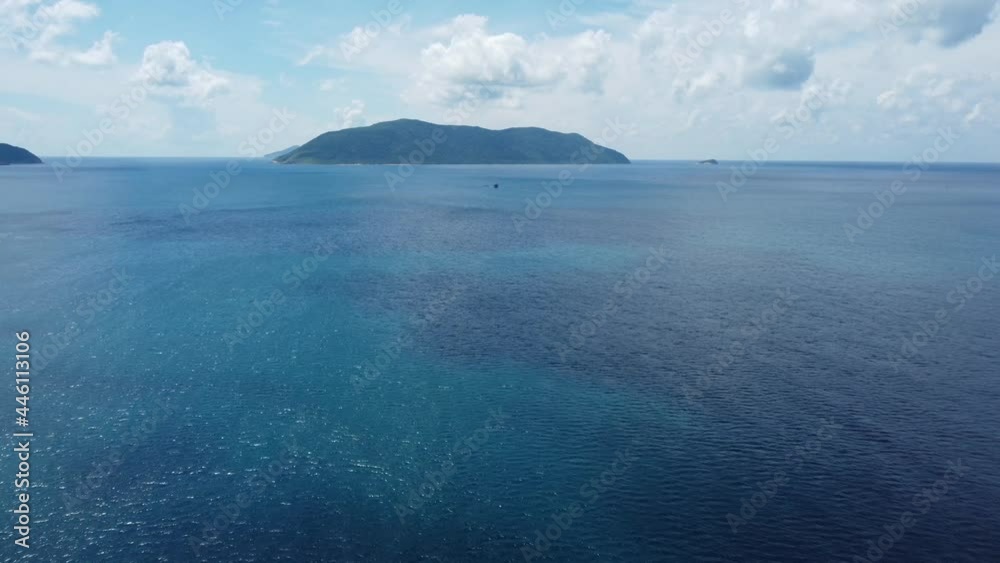 Aerial shot. Scenic view of the pearl farm in the tranquil sea. Tropical islands. Amazing seascape with turquoise water. Remote paradise during covid. Aerial shot. Scenic view of the pearl farm in the tranquil sea. Tropical islands. Amazing seascape with turquoise water. Remote paradise during covid.