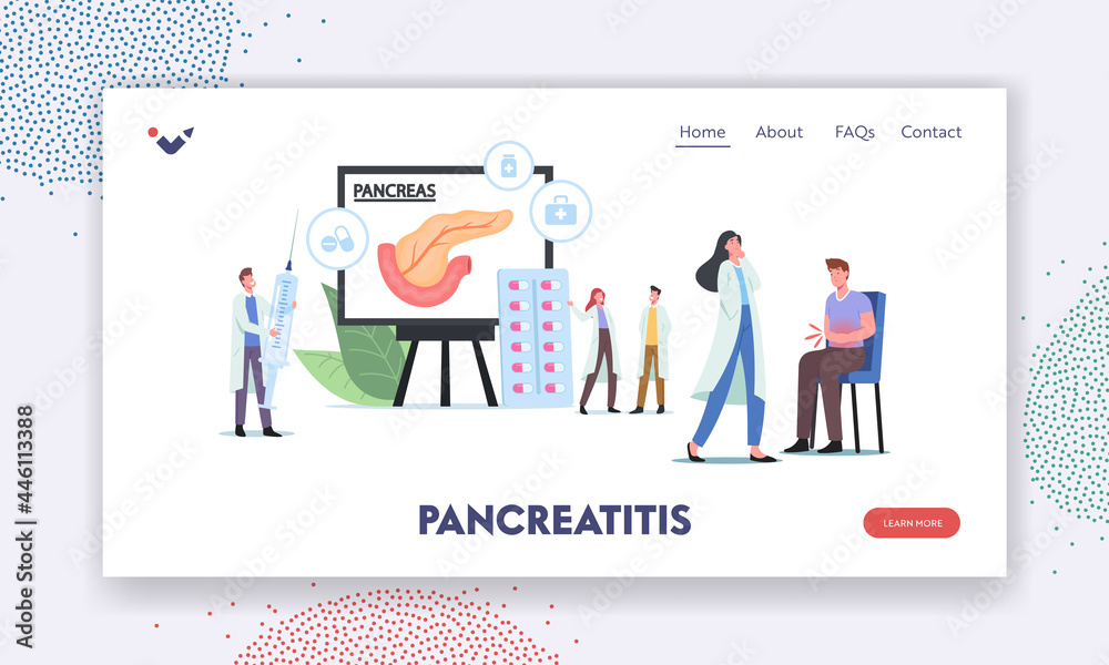 Pancreatitis Diagnosis, Pancreas Disease Symptoms Landing Page Template. Doctor Characters Care of Patient with Sickness