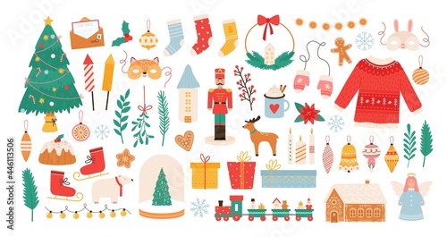 Christmas stickers. Winter holiday decorations, xmas tree, gift boxes, baubles, masks, candles and gingerbread man. New Year flat vector set