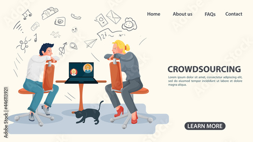 A girl and a guy are sitting opposite each other between a laptop standing on a table a crowdsourcing concept a flat style illustration for the design of web pages and websites