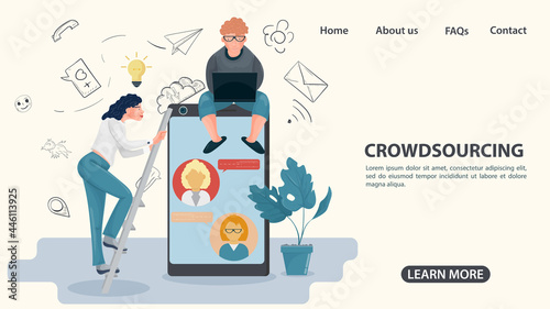 A girl climbs a ladder to a phone on which a guy is sitting with a laptop the concept of crowdsourcing an illustration in a flat style for the design of web pages and websites